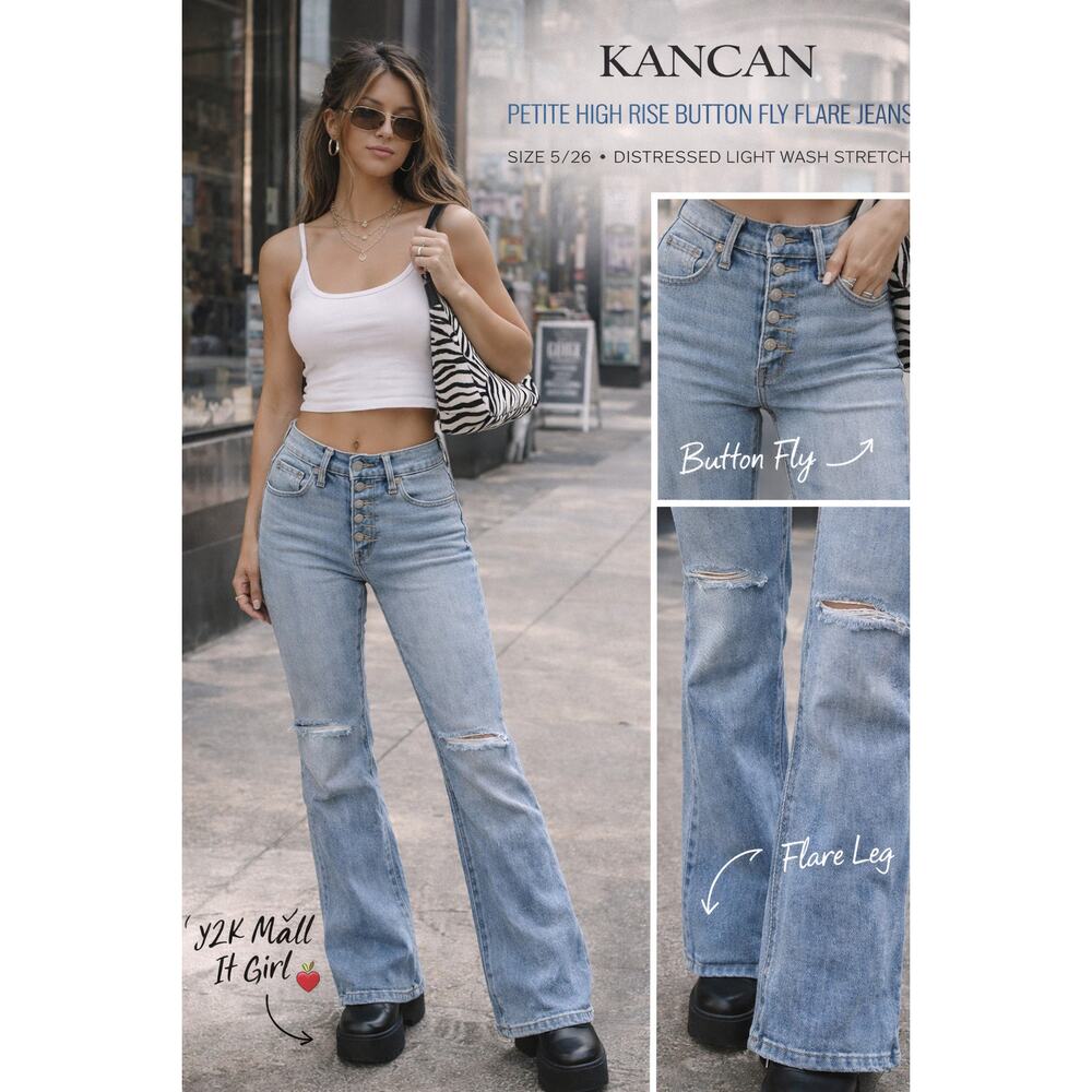 KanCan Petite 5/26 High Rise Button Fly Flare Jeans Distressed Lt Wash Stretch